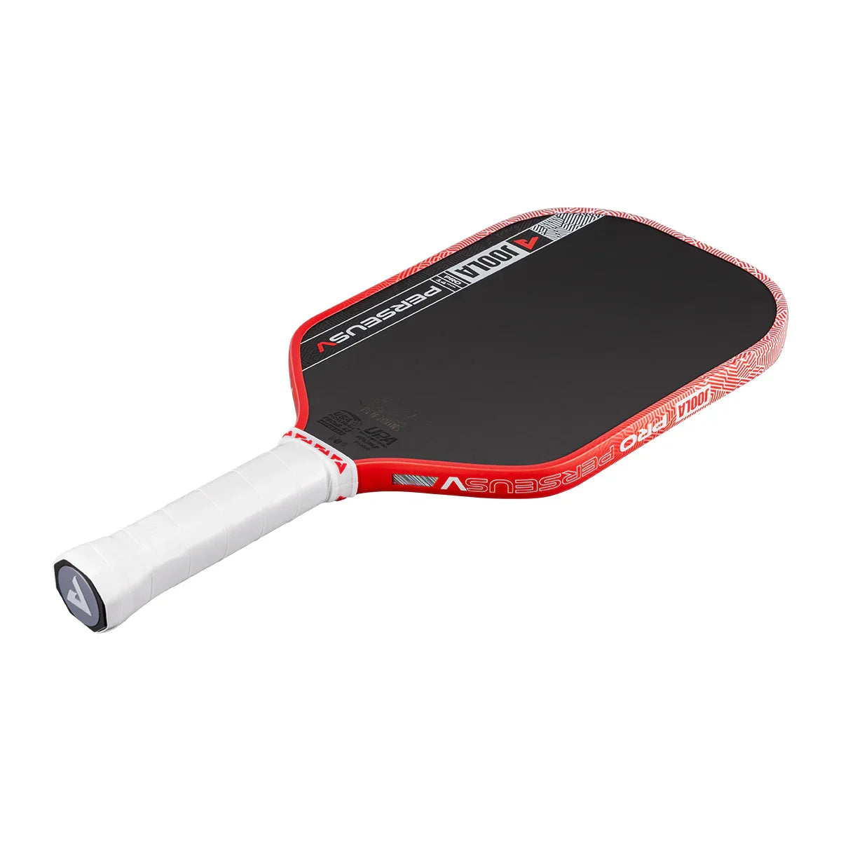 Red and black JOOLA Pro Perseus pickleball paddle with white grip, designed for performance and control.