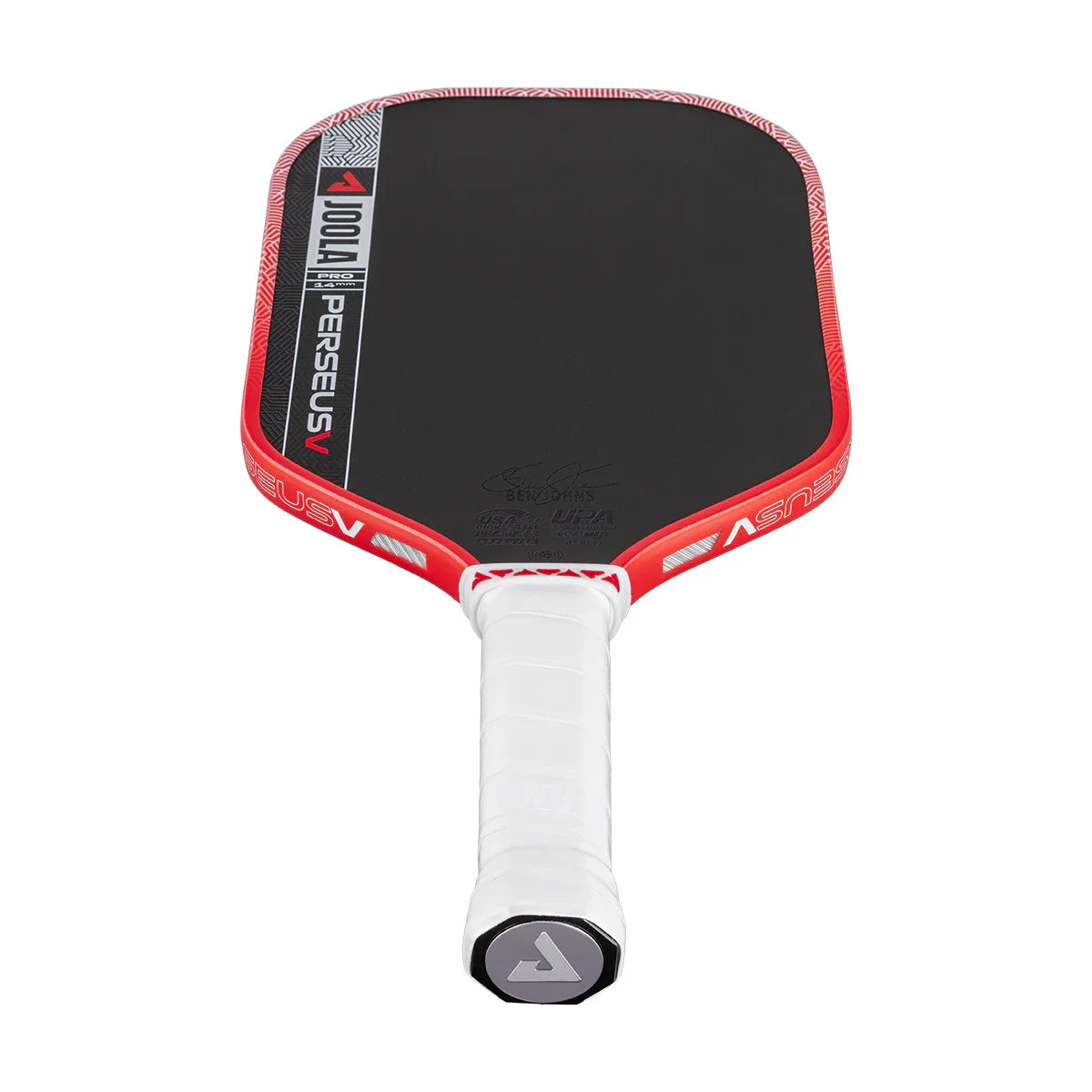 JOOLA Perseus V Pro pickleball paddle with red edge, black face, white grip, and Ben Johns signature