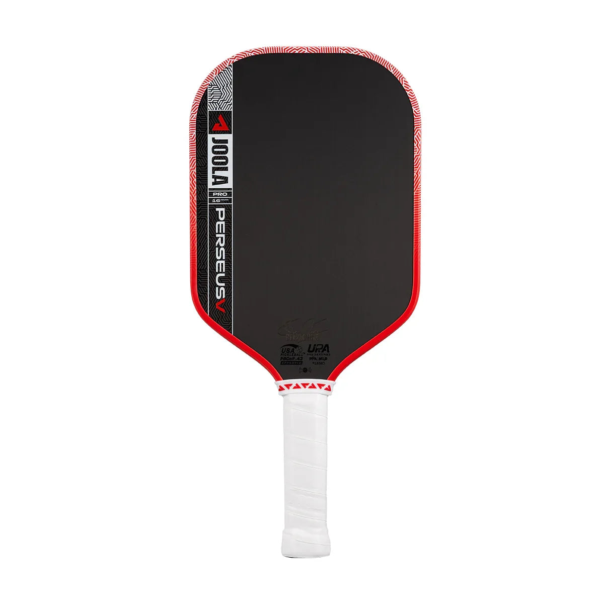 JOOLA Perseus Pro 16mm pickleball paddle with red trim and white grip, USA Pickleball approved