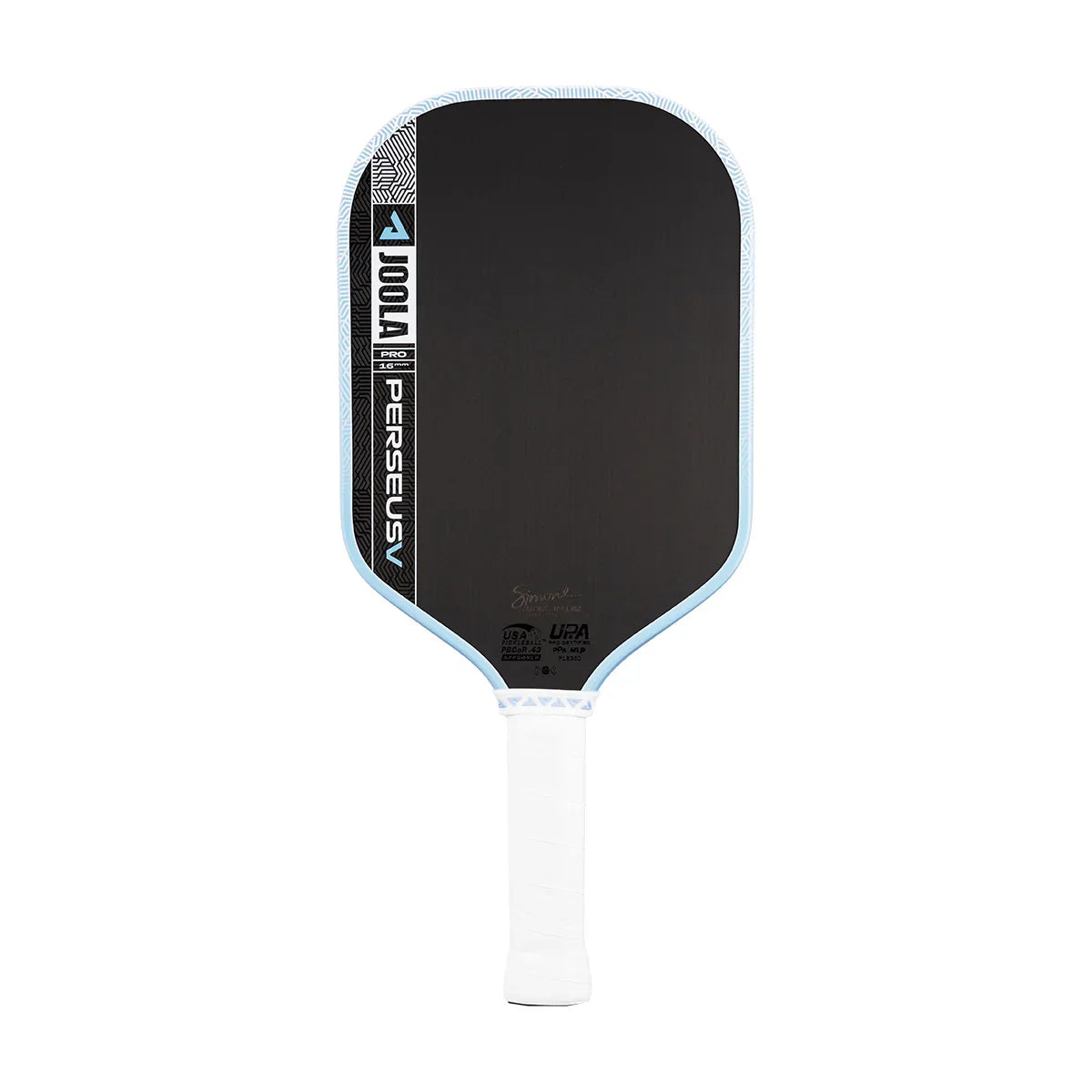JOOLA Perseus Pro 16mm pickleball paddle with black face, light blue edge, and white grip