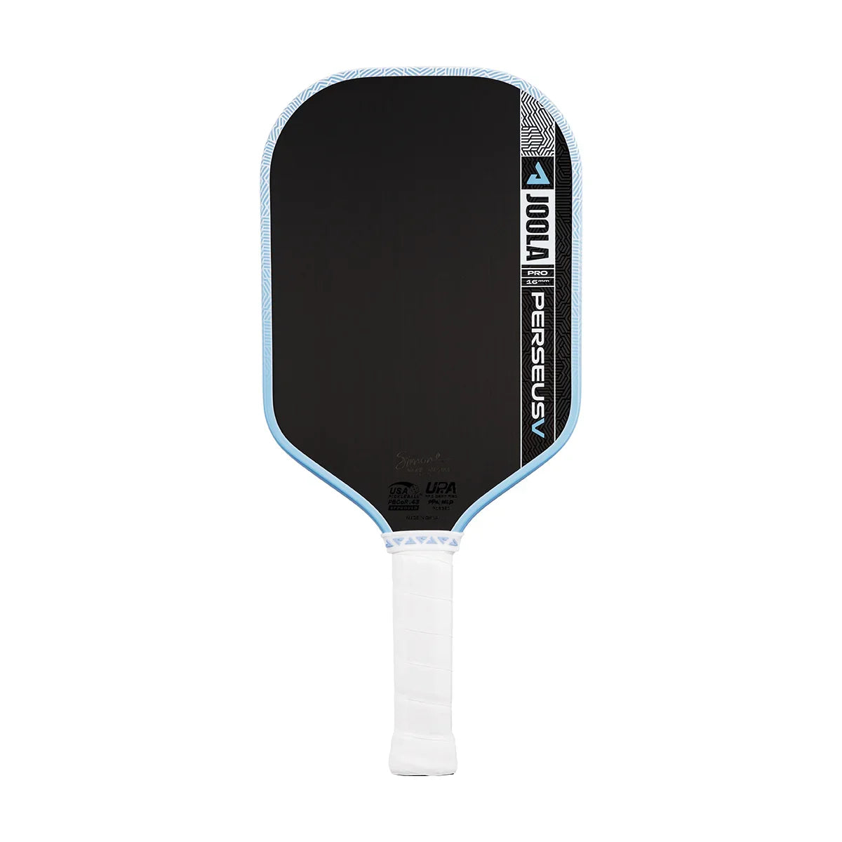 JOOLA Perseus Pro pickleball paddle with black face, light blue edge, and white grip for competitive play