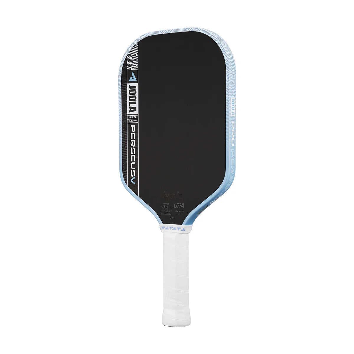 JOOLA Pro Perseus pickleball paddle with black face, light blue edge, and white grip, featuring USA Pickleball approved mark