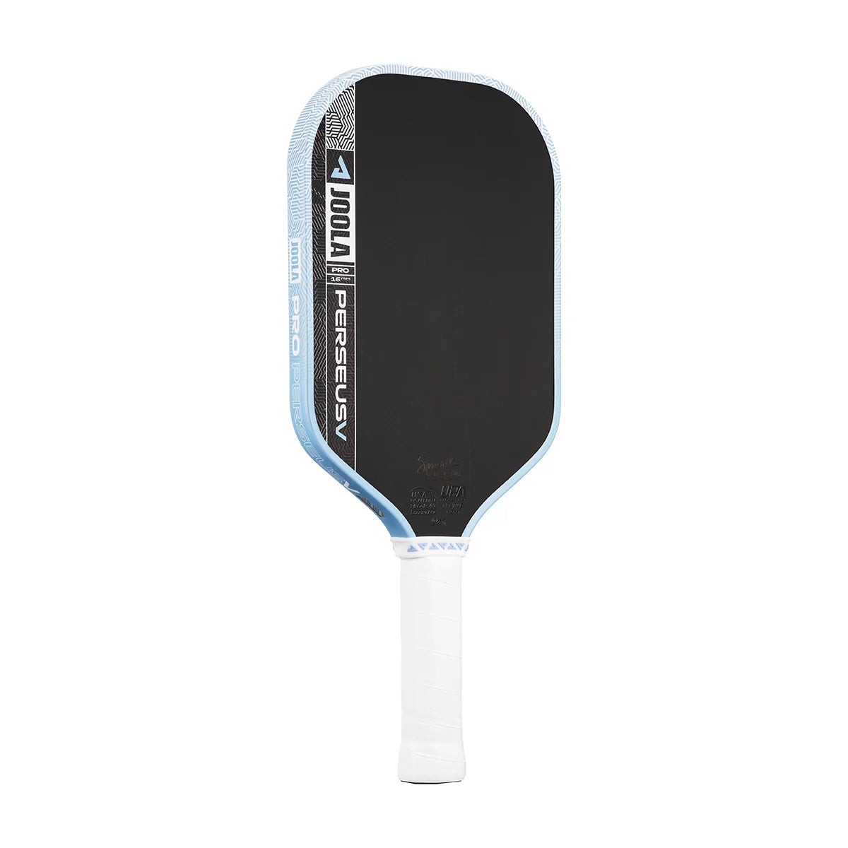 JOOLA Pro Perseus pickleball paddle with black face, light blue edge, and white grip for performance play