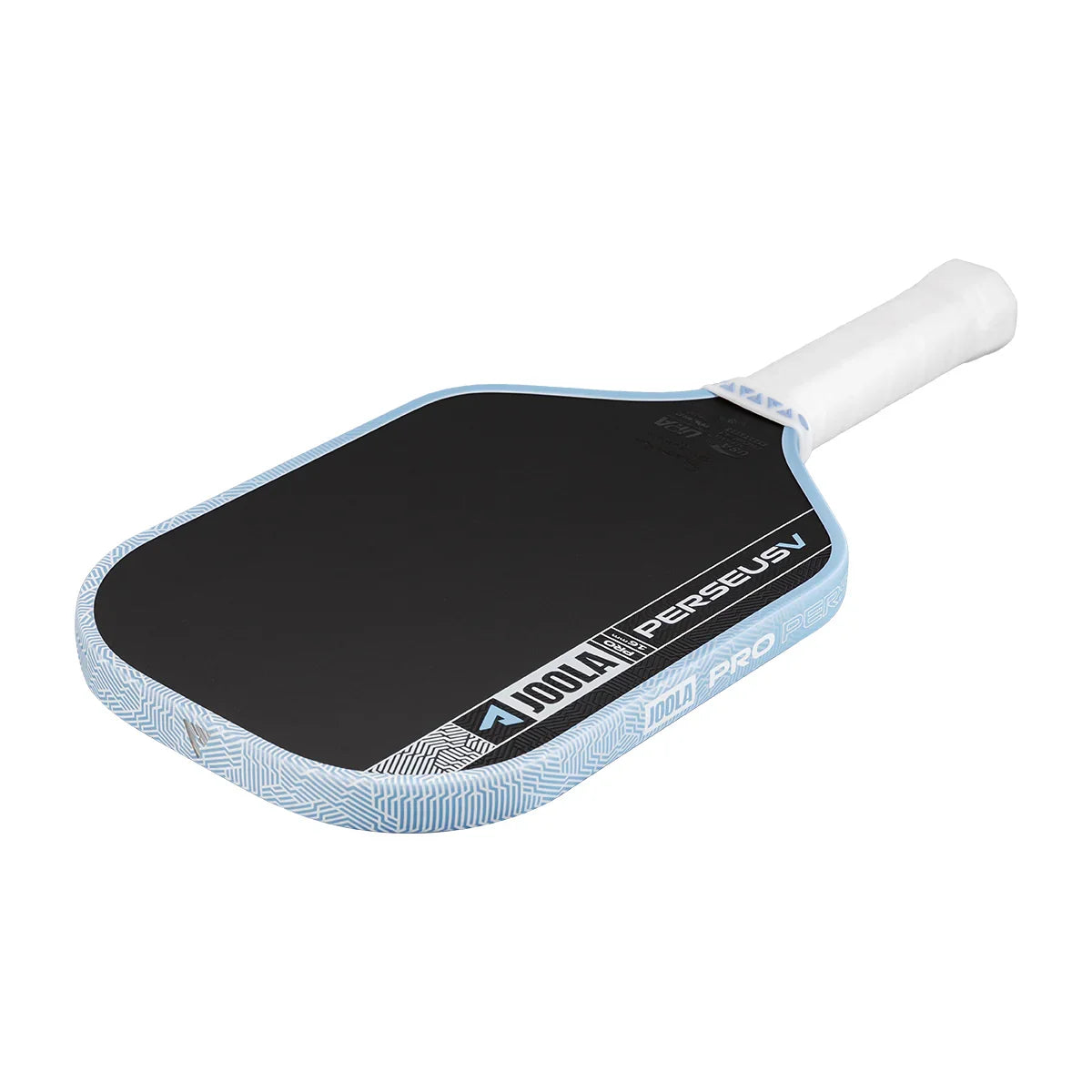 JOOLA Perseus V pickleball paddle with black face and light blue patterned edge, white grip
