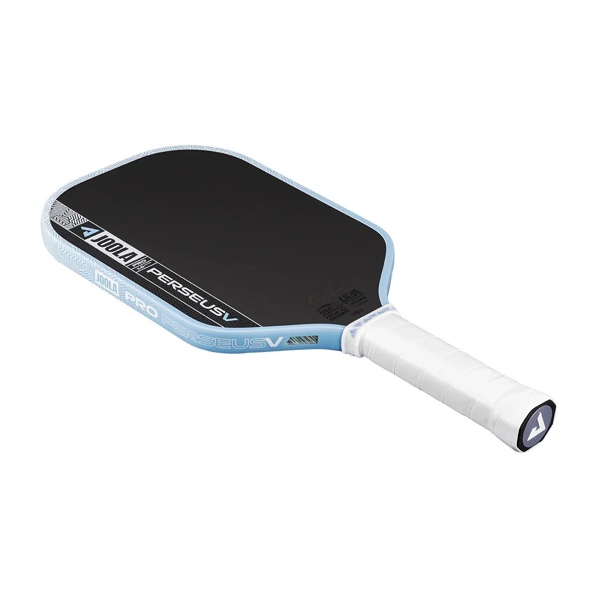 JOOLA Pro Perseus V pickleball paddle with black face, light blue edge, and white grip