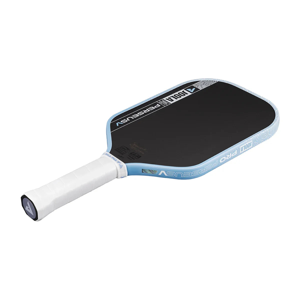 JOOLA Pro Perseus pickleball paddle with black face and light blue edge, white grip, ideal for performance play
