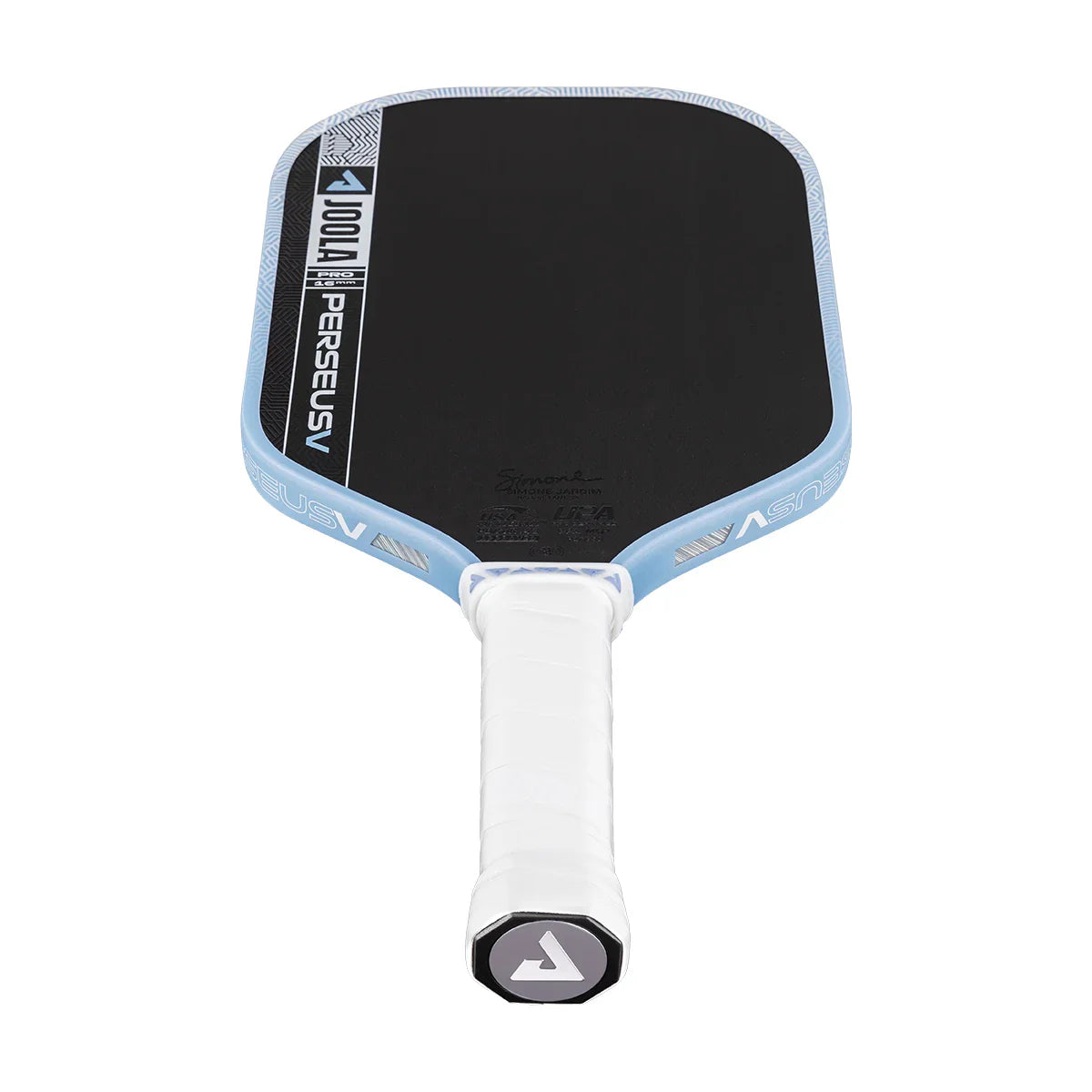 JOOLA Perseus V Pro pickleball paddle with black face, light blue edge, and white grip