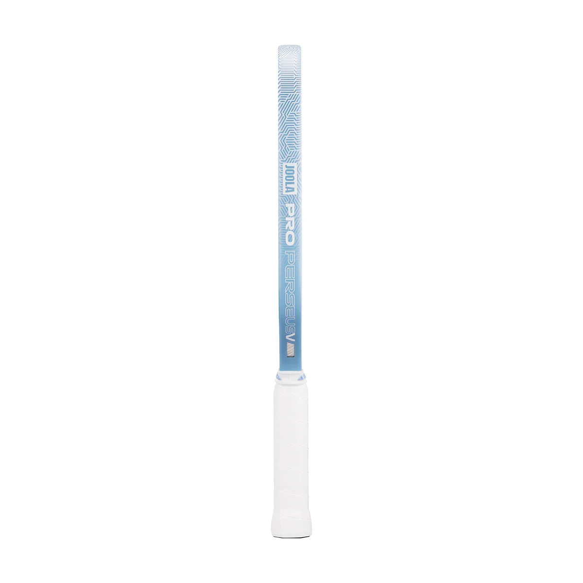 JOOLA Pro Perseus pickleball paddle with blue grip and white handle, featuring geometric pattern and brand text.