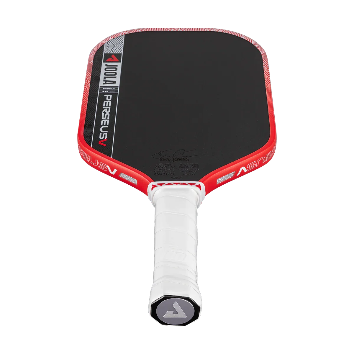 Red and black Perseus V pickleball paddle with white grip, Ben Johns signature, UPA approved