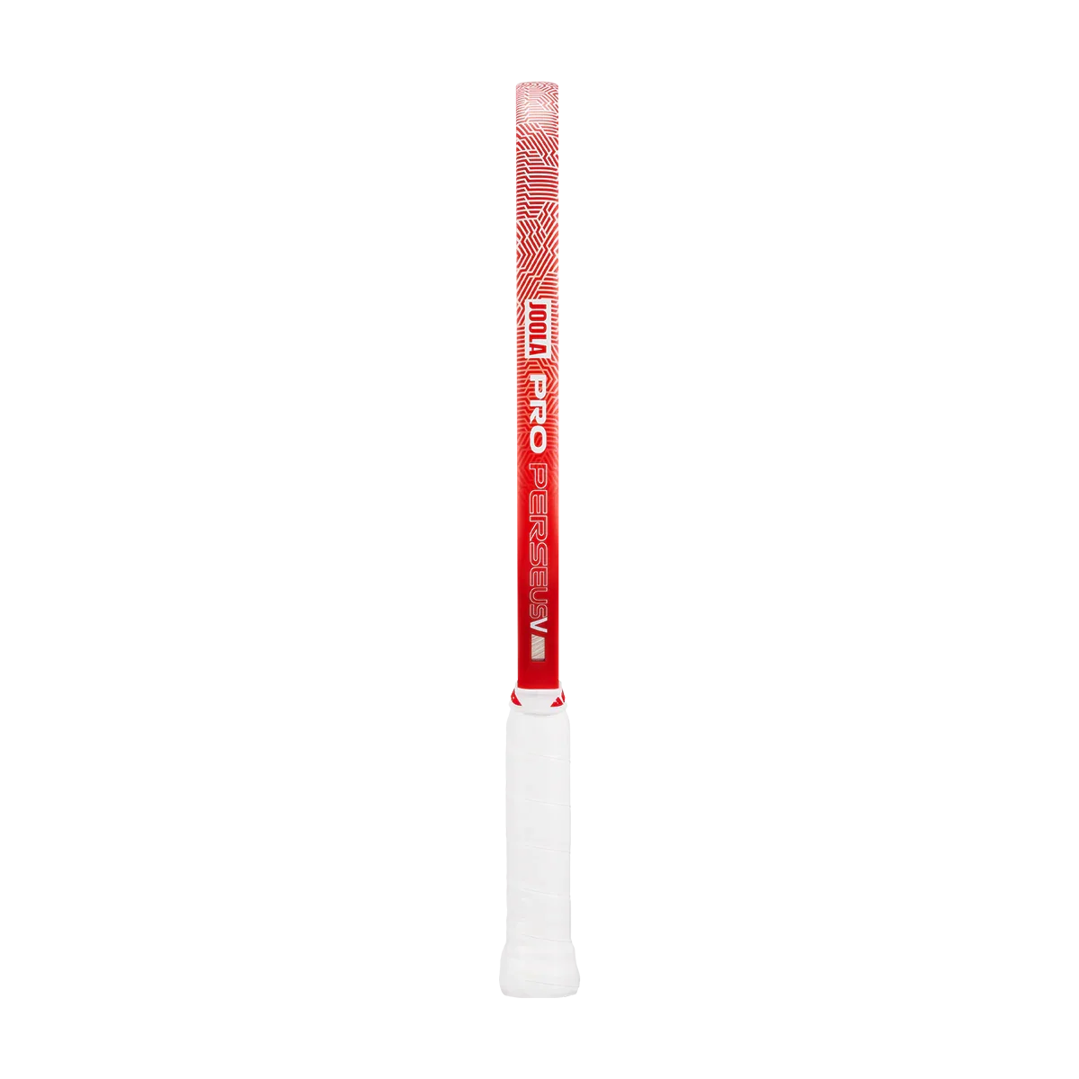 Red JOOLA Pro Perseus table tennis paddle handle with white grip, featuring geometric pattern and brand text