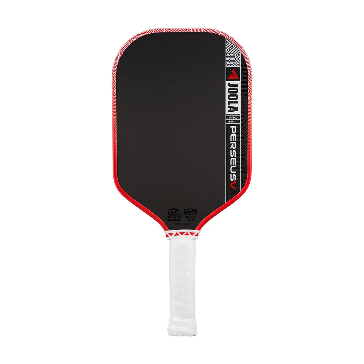 JOOLA Perseus Pro pickleball paddle with black face, red trim, and white grip for competitive play