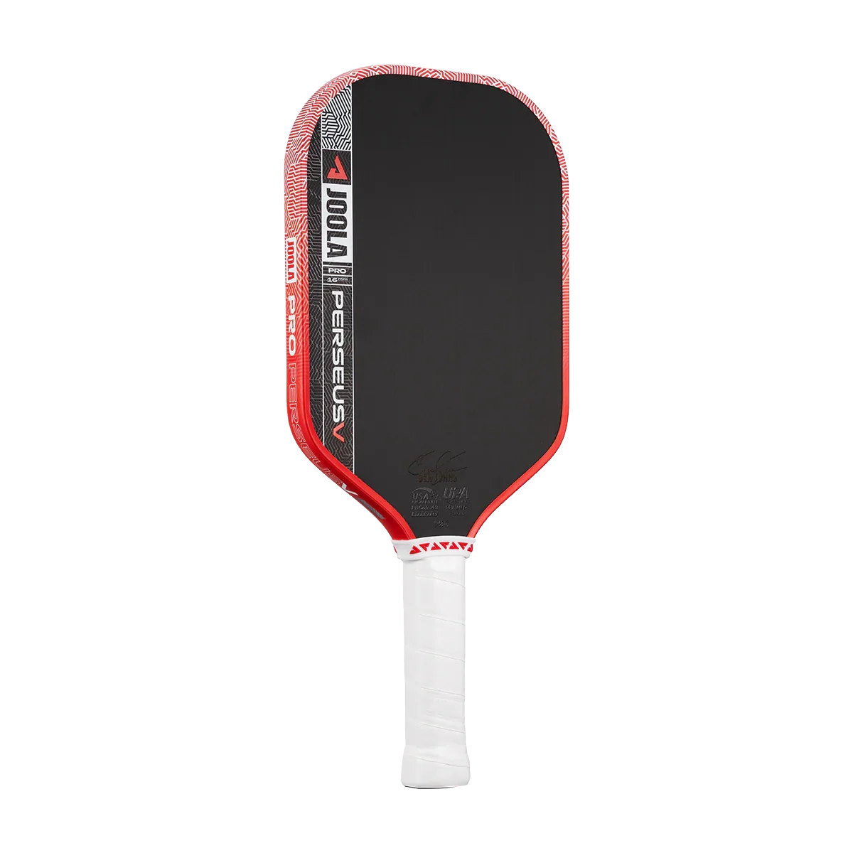 JOOLA Pro Perseus pickleball paddle with red trim and white grip, featuring Ben Johns signature