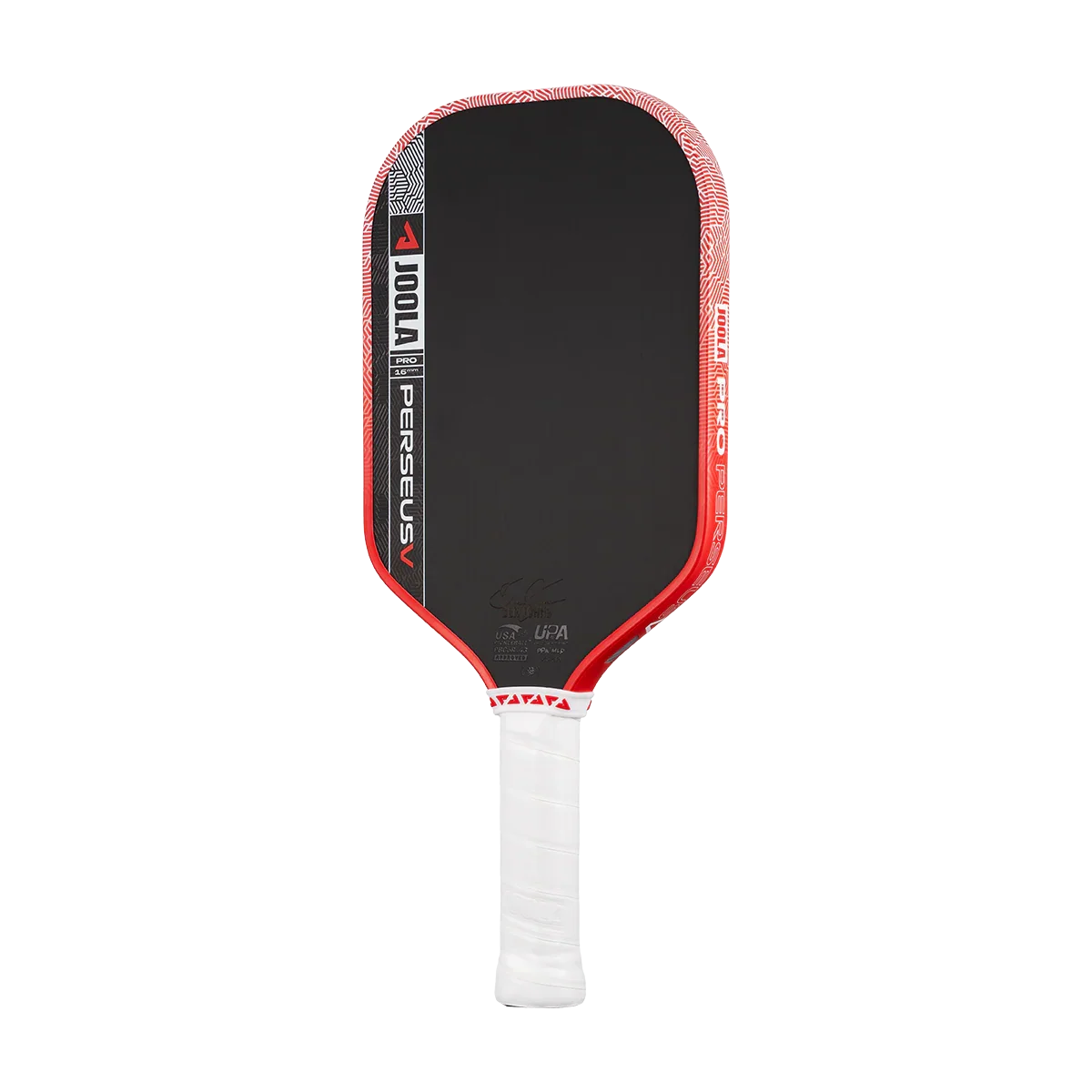 JOOLA Pro Perseus pickleball paddle with red trim and white grip, featuring USA Pickleball approved design