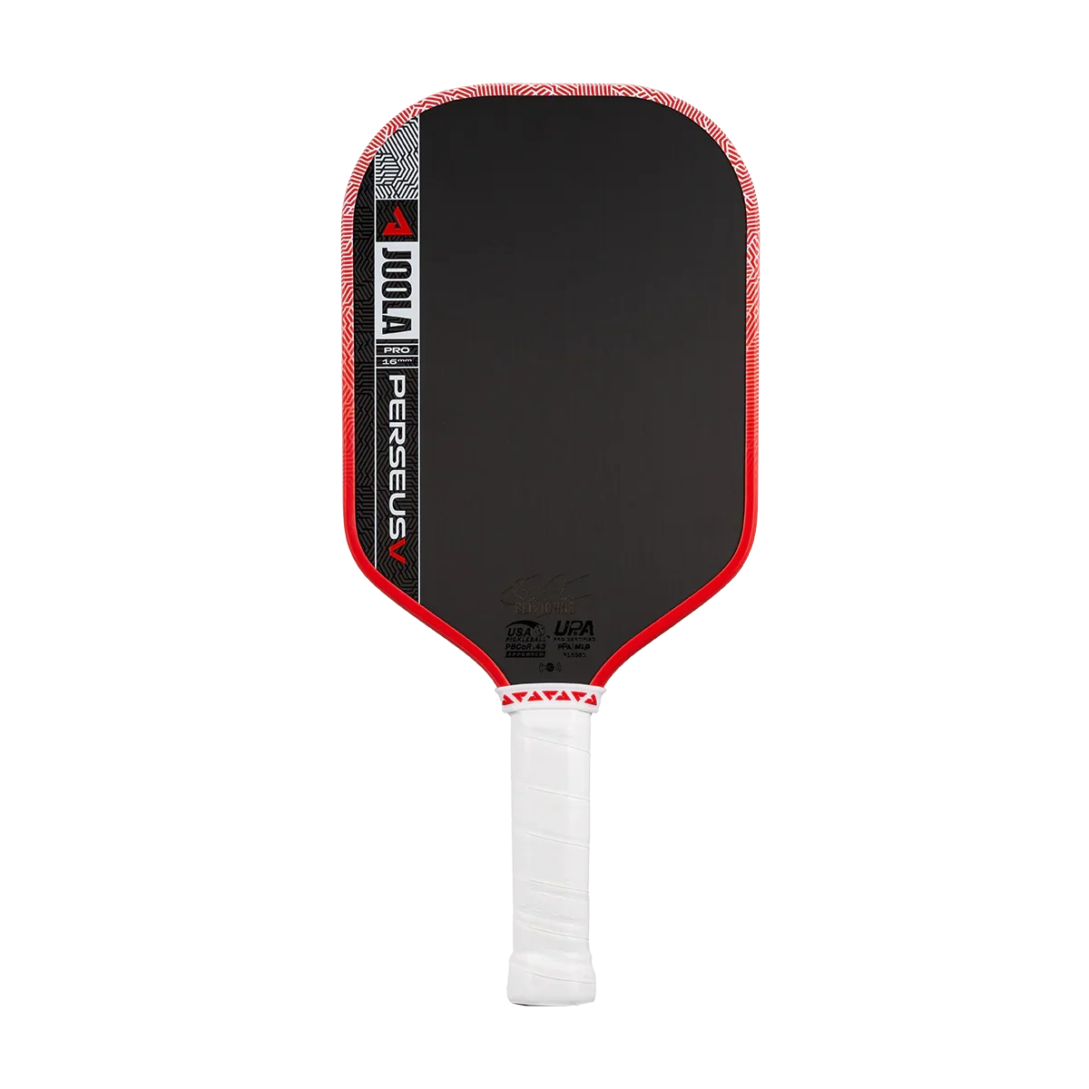 Black and red Perseus Pro 16mm pickleball paddle with white grip, featuring USA Pickleball and UPA logos