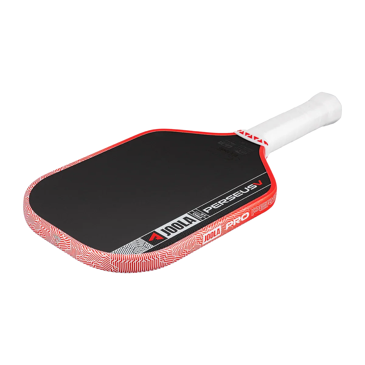 JOOLA Perseus V pickleball paddle with red patterned edge and black face, white grip