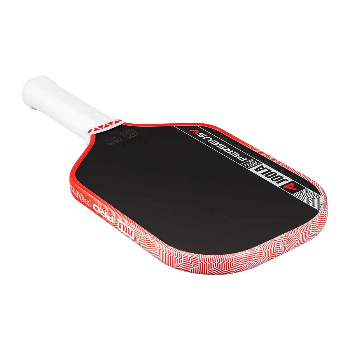 JOOLA Perseus Pro pickleball paddle with black face, red patterned edge, and white grip for competitive play