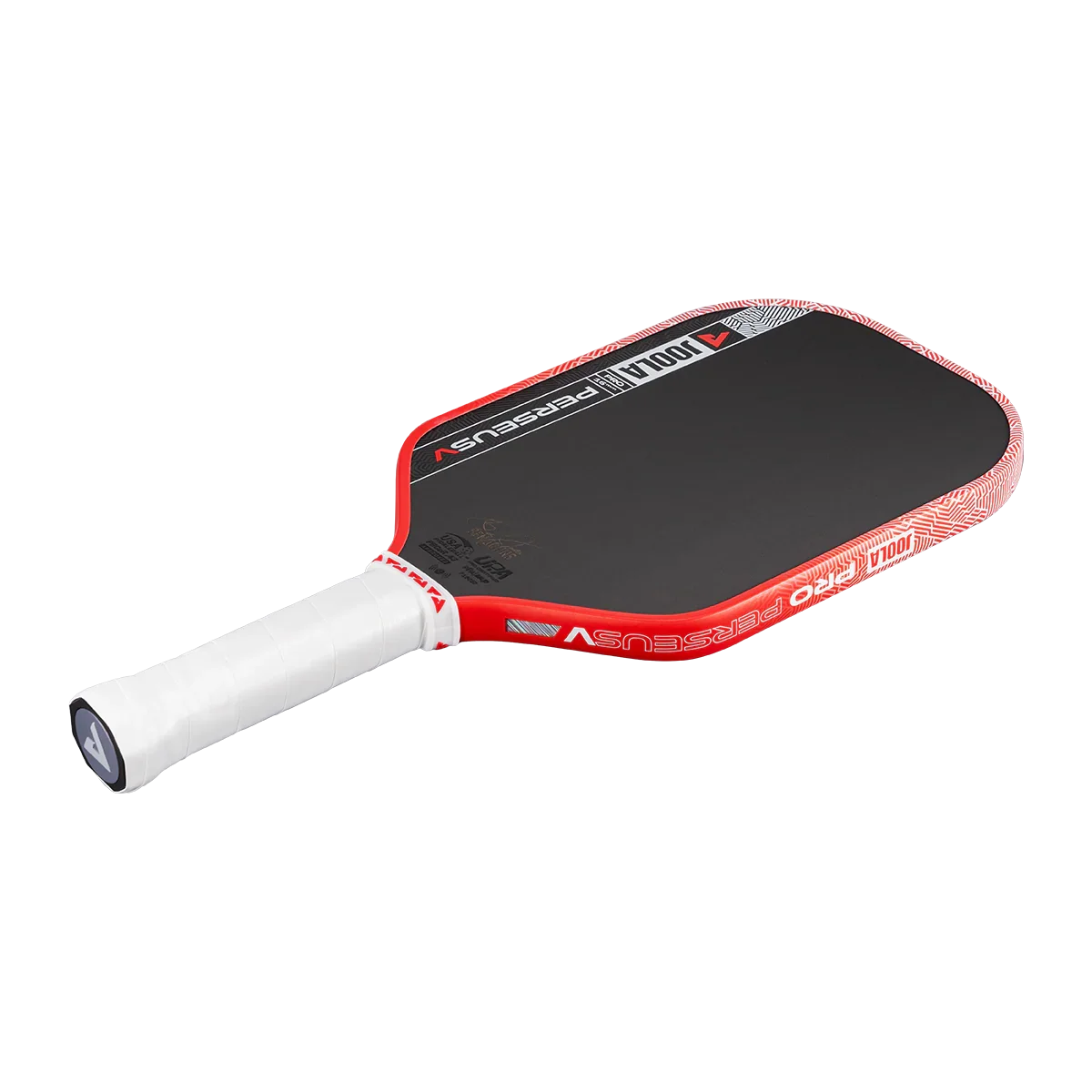 Red and black JOOLA Pro Perseus V pickleball paddle with white grip, designed for performance and control.