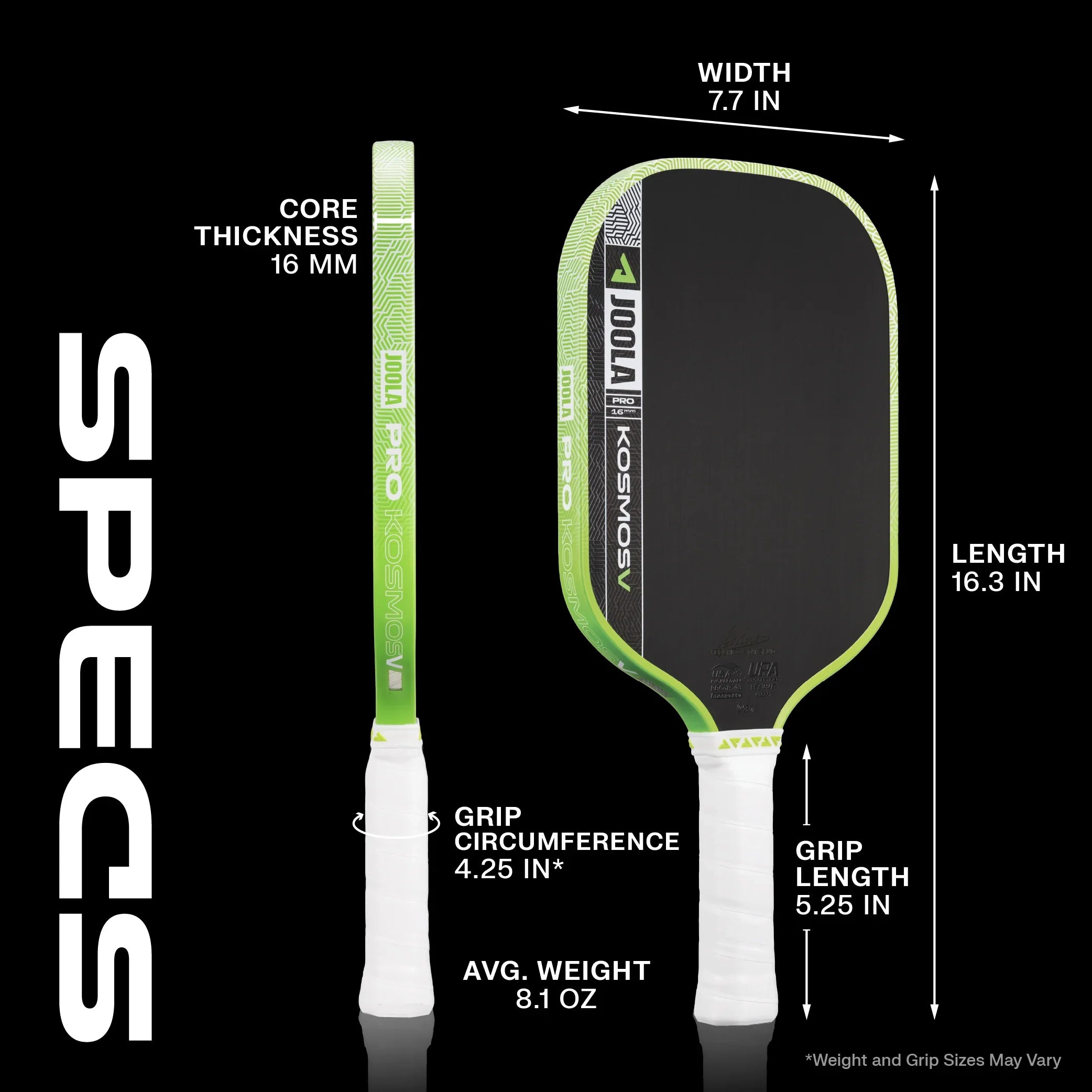 JOOLA Pro Kosmos pickleball paddle specs: 16mm core, 7.7in width, 16.3in length, 8.1oz avg weight