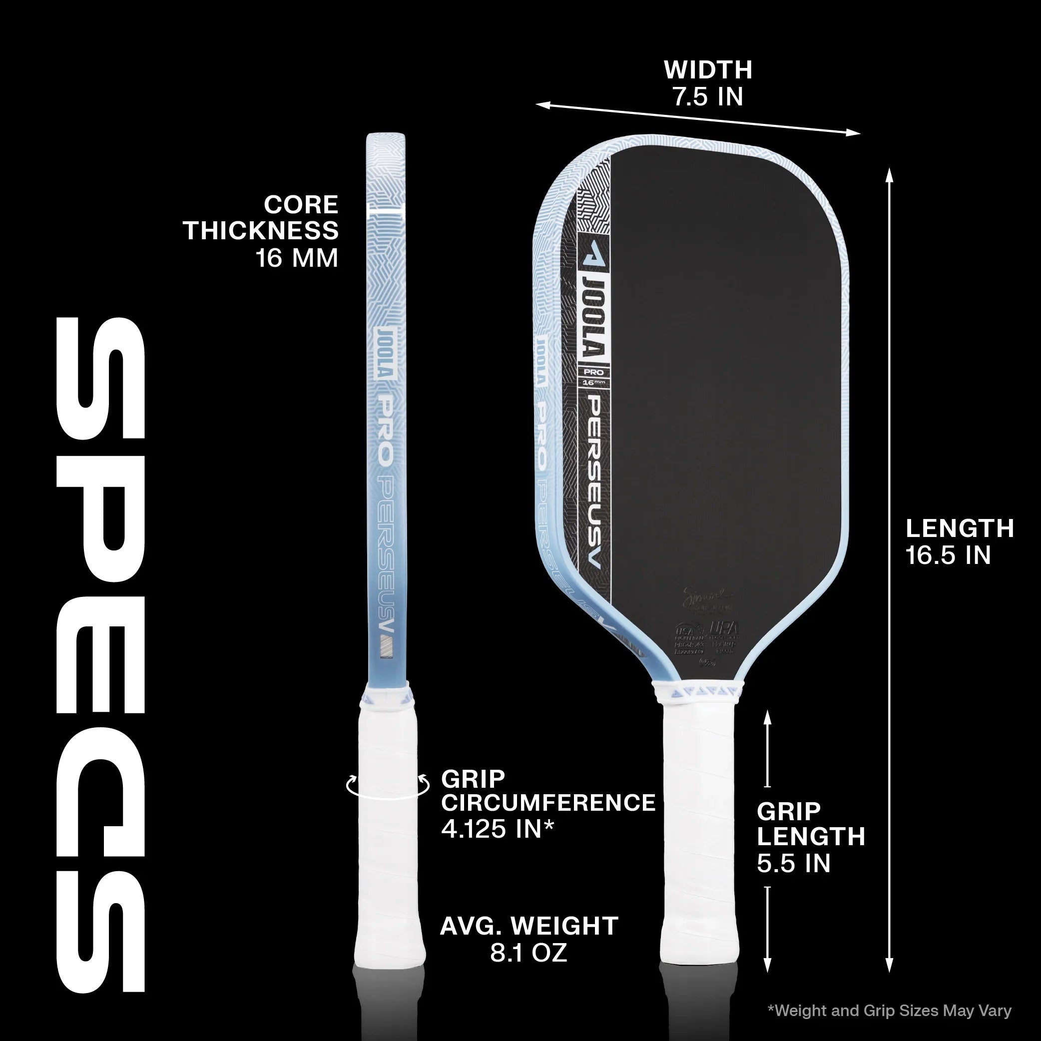 JOOLA Pro Perseus pickleball paddle specs: 16mm core, 7.5in width, 16.5in length, 8.1oz avg weight, 5.5in grip