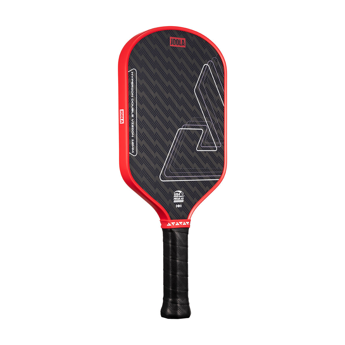 White background, product image of the Hyperion Double Vision pickleball paddle, red edge guard and black handle.