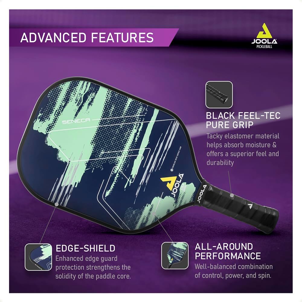 Infographic image for the JOOLA Seneca Picklebabll Paddle showing the Advanced features of the paddle including, Edge-Shield, Black Feel-Tec Pure Grip and All-Around Performance attributes.