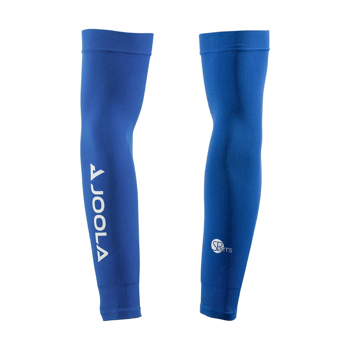 White Background Image: JOOLA UV Arm Sleeves UPF50+ in Royal Blue with white JOOLA logo on one sleeve and SParms on the other (Forearm view)
