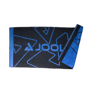 White Background Image: BlackJOOLA Dynaryz Towel with blue JOOLA logo and accent design. Corner flipped to show opposite side with blue towel and black logo and accent design.