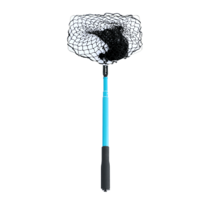 White Background Image: Wide black mesh net attached to metallic blue telescoping handle with black grip